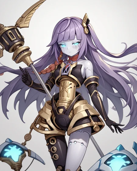 score_9, score_8_up, score_7_up, score_6_up, score_5_up, score_4_up, BREAK source_anime,<lora:add-detail-xl:1>,<lora:Expressive_H:1>,
<lora:Orphegol Galatea _1PONY:1>,orphegol galatea, 1girl, solo, long hair, purple hair, blunt bangs,Blue glowing eyes, android, joints, hair ornament, colored skin, bare shoulders, duel monster, elbow gloves, asymmetrical legwear,
