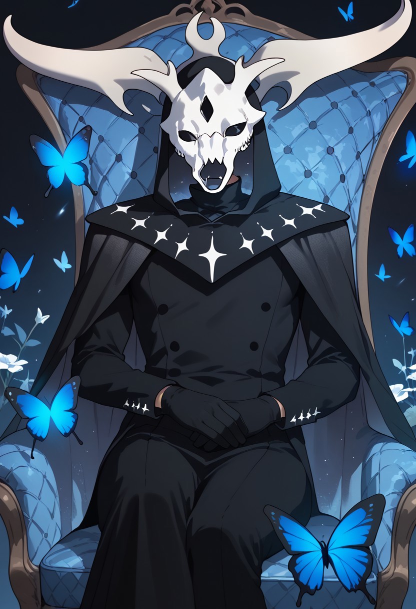score_9, score_8_up, score_7_up, score_6_up,  Nebulagod, male, flowing black cape, cape collar starry designs, skeletal animal skull mask, curved horns, starry void within hood, black long sleeves, black gloves, black hood with horn crown, bug, butterfly, sitting, blue butterfly, chair, horns, cloak, mask, gloves, solo, cape