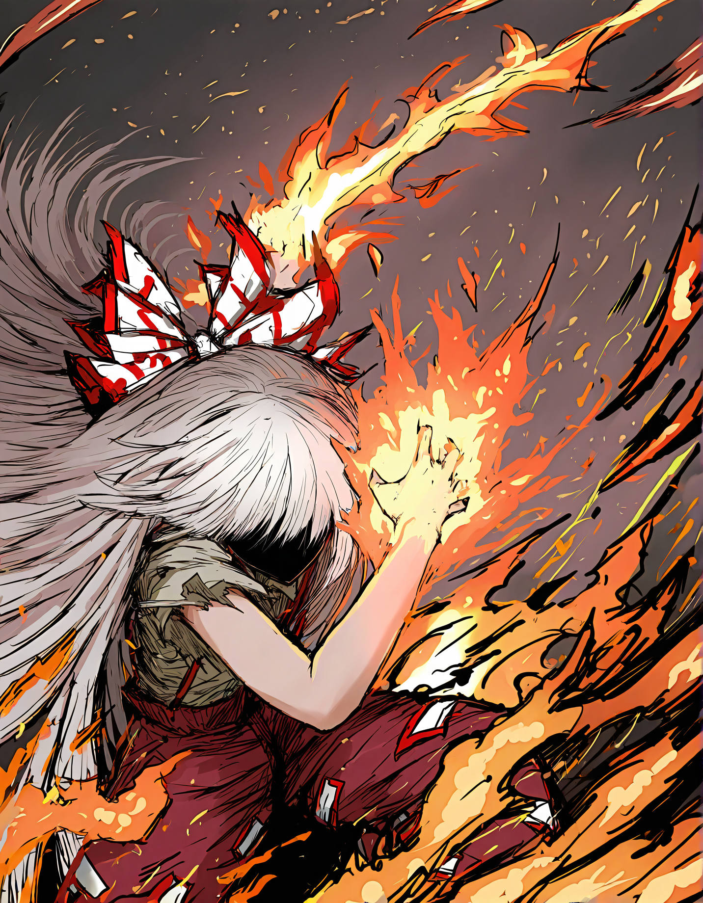 sushi yuusha toro, 1girl, solo, fujiwara no mokou, fire, flaming hand,
very awa, masterpiece, best quality, year 2024, newest, highres, absurdres, <lora:black-souls-style-noobai-vpred10-prodigy-DoRA-debiased:1>