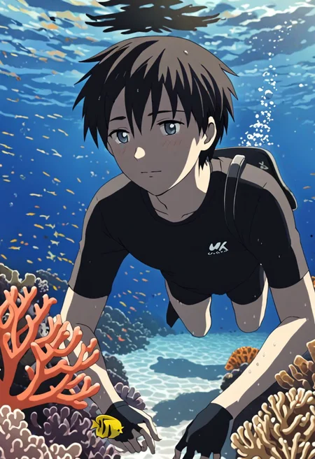 Highres, Masterpiece, High Quality, 4K, 8K, solo, 1Boy, Takaki Toono, adult, black hair, short hair, sea water, clear, calm, coral reefs, fish, marine life, diving, snorkeling, without snorkel equipment, wet, easynegative, detailed_eye_model
