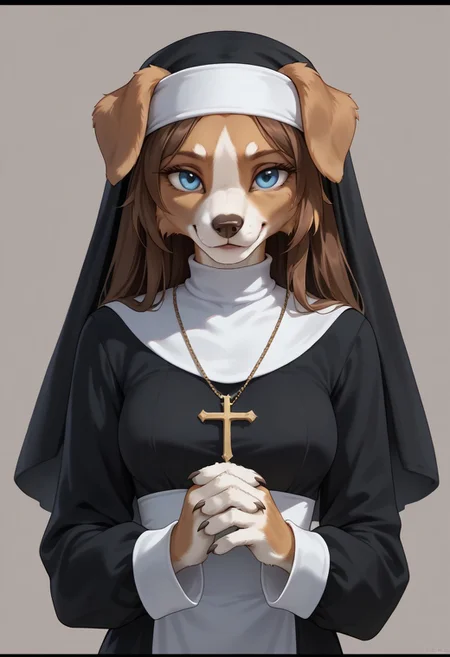 score_9, score_8_up, score_7_up, realistic style, symphtia-style, furry, anthro border collie girl, long brown hair, blue eyes, light brown fur, floppy ears, medium breasts, white belly fur, nun outfit, posing,