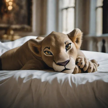 photo of <lora:nala-SDLX-flexible:1.0> nala lying on a bed inside a luxury palace looking over her shoulder do_me_eyes, olympus 75mm f1.8, mix of natural and artificial lighting, photorealistic