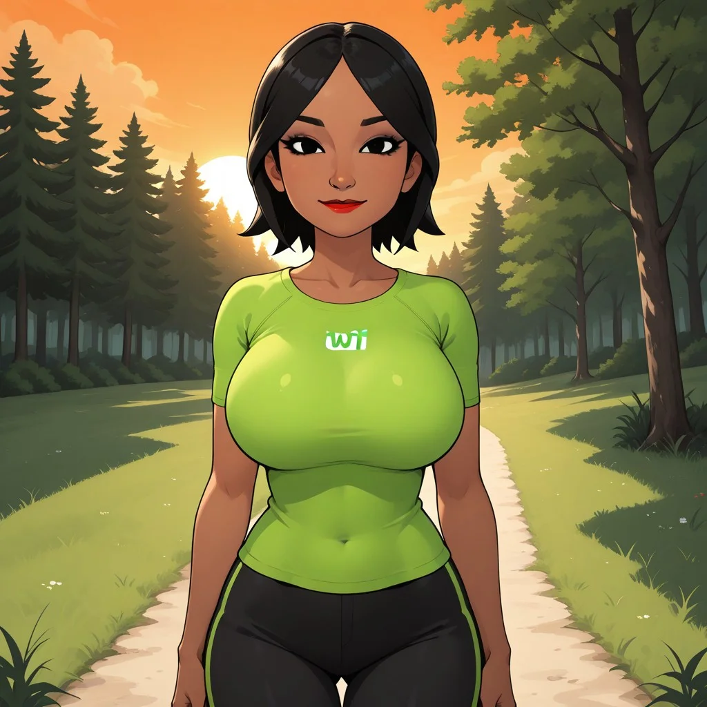 score_9, score_8, BREAK, solo, wii, mii, wii sports, black hair, black eyes, red lips, lipstick, black eyeshadow, light green clothing, black pants, barefoot, breasts, female mii, 1girl, cute, ShuHuiWSC, nintendo mii, modern_mii, classic_mii, dark skin, dark skin female, tall, adult female, mature female, big breasts, sexy pose, self portrait, smile, looking at viewer, outdoors, sunlight, shadows, evening lighting, natural lighting, forest, trees, grass, orange sky, sunset