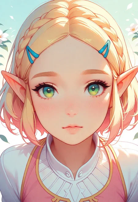masterpiece, best quality, amazing quality, very aesthetic, flat colors, (artist:Tsuaii:1), pastel colors, watercolor painting,
1girl, close up portrait, looking at viewer, from above, Princess zelda,
Bright lighting,