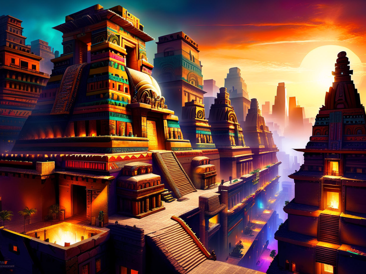 <lora:CulturePunkAI_1Pruned:.9> TotemPunkAI Aztec  city  Highly detailed, amazing, Impressive lighting, vibrant colors, Ultra Realistic, High quality, Highly detailed, trending on artstation