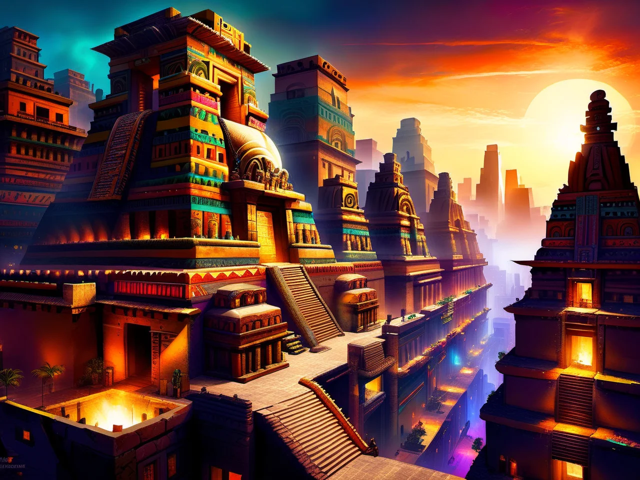 <lora:CulturePunkAI_1Pruned:.9> TotemPunkAI Aztec  city  Highly detailed, amazing, Impressive lighting, vibrant colors, Ultra Realistic, High quality, Highly detailed, trending on artstation