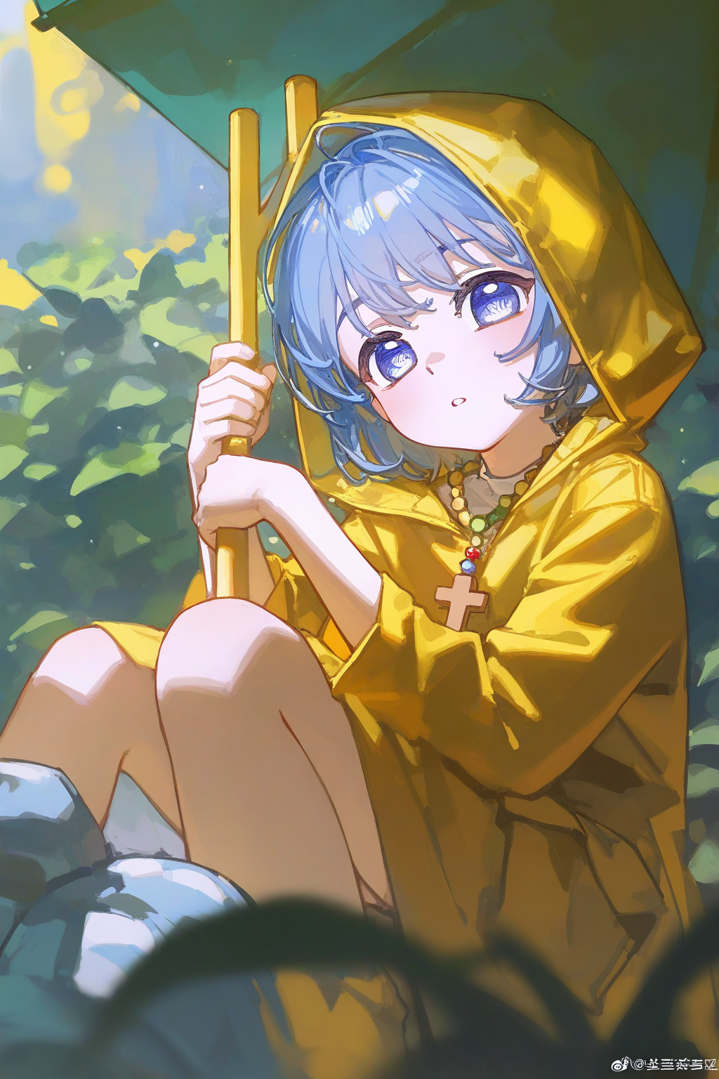 1girl,luce_\(jubilee_2025\),
solo.blue hair,blue eyes,cross necklace,yellow raincoat,hood,yellow stick,
[artist:alpha],(artist:ciloranko),[artist:sho (sho lwlw)],[tianliang duohe fangdongye],[artist:rhasta],year 2023,(wlop:0.4),
masterpiece,best quality,newest,absurdres,highres,
<lora:luce2_Noob05XL:1>,