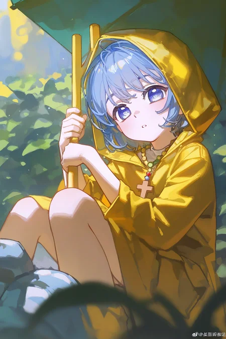 1girl,luce_\(jubilee_2025\),
solo.blue hair,blue eyes,cross necklace,yellow raincoat,hood,yellow stick,
[artist:alpha],(artist:ciloranko),[artist:sho (sho lwlw)],[tianliang duohe fangdongye],[artist:rhasta],year 2023,(wlop:0.4),
masterpiece,best quality,newest,absurdres,highres,
<lora:luce2_Noob05XL:1>,