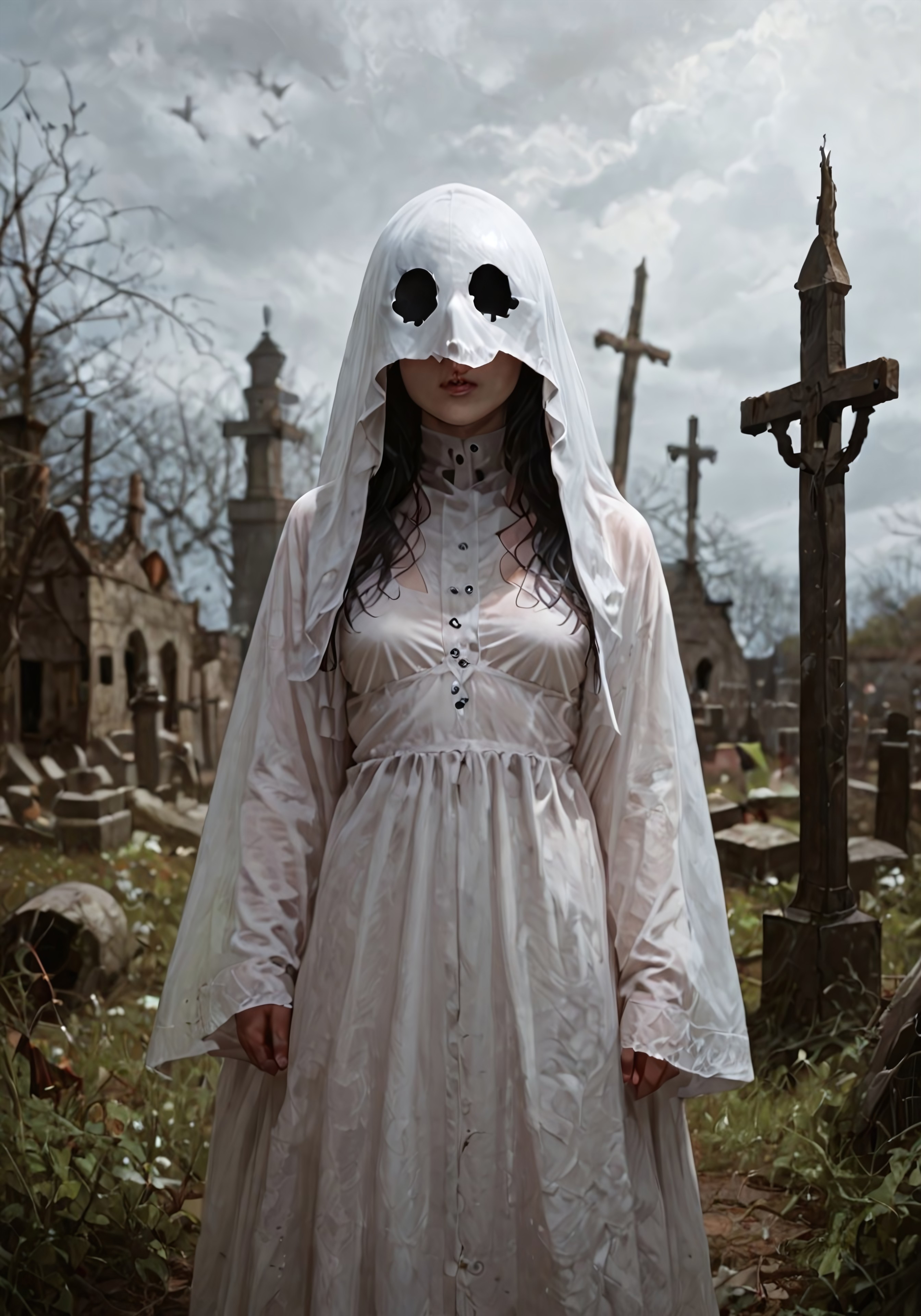 Stable_Yogis_Illustrious_Positives, detailed, 1girl, whispa_oc, whispa_hood, whispa_dress, in a graveyard