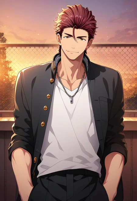 2boys, male focus, multiple boys,
<lora:Character - Kenka Bancho Otome - Houou Onigashima:1> houou, brown eyes, red hair, hair slicked back,
((zPDXL)), score_9_up, score_8_up, score_7_up, score_6_up, score_5_up, score_4_up, best quality, amazing quality, best aesthetic, absurdres, year2023, nsfw, game cg, official art, official style, uncensored,
<lora:Style - Ecstasy_Emperess:0.5> emper3ss, looking at viewer,
rooftop, chain-link fence, against fence, gakuran, white shirt, jewelry,
