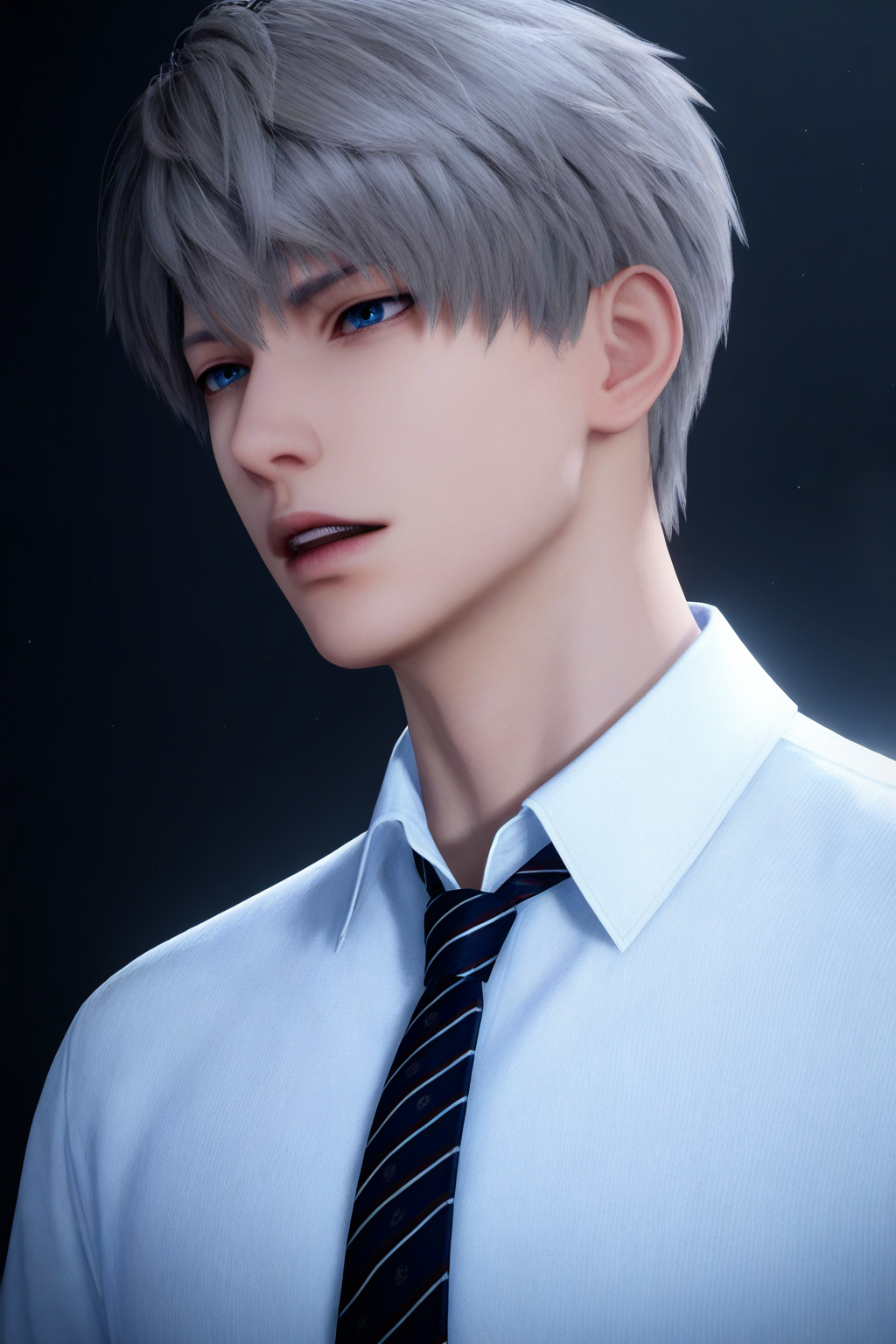 <lora:xavier-NAI:0.7>,xavier, 1boy, male focus, solo, necktie, blue eyes, striped necktie, shirt, collared shirt, short hair, upper body, parted lips, teeth, white shirt, grey hair,yaoi,bara,male focus,very awa,masterpiece,best quality,amazing quality,nsfw,uncersored,highres,best quality,amazing quality,best aesthetic,absurdres,