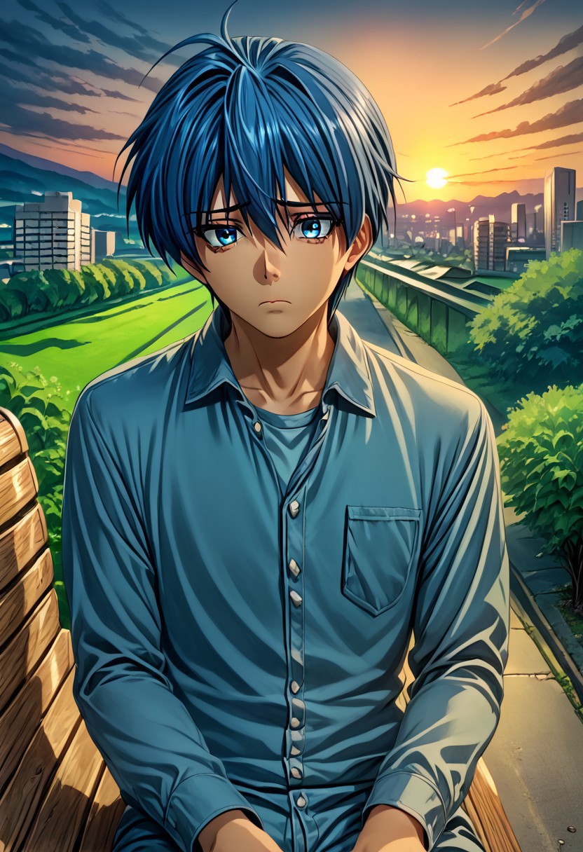 high resolution, solo, best quality, 1Boy, Tomoya Okazaki, Grey Blue Hair, blue eyes, Sad, Sit, hills, city, park bench, sunset, dramatic, clannad,
