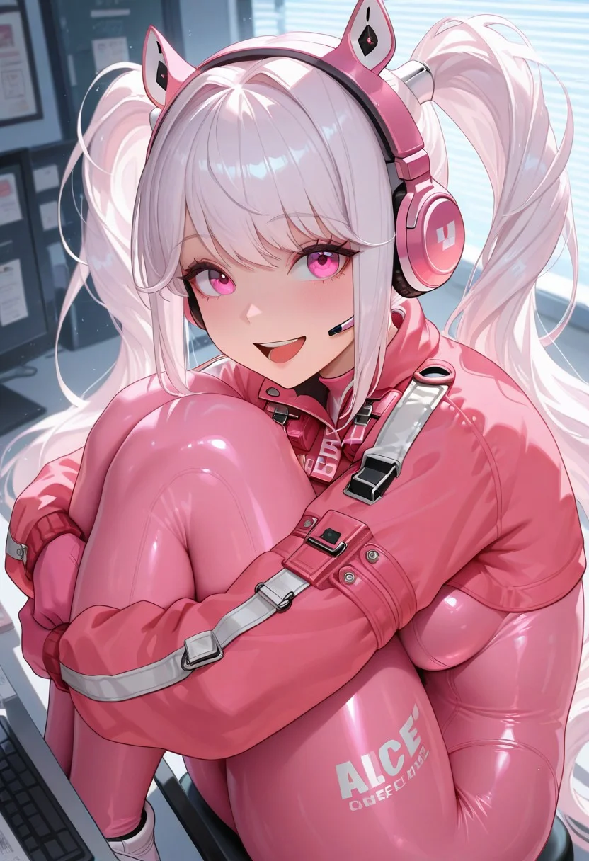 1girl, solo, Alice \(Nikke\), pink eyes, beautiful eyes, white hair, twintails, very long hair, bangs, sidelocks, pink bodysuit, animal ear headphones, medium breasts, office, under desk, excited, playful, hugging own legs, knees to chest, masterpiece, best quality, amazing quality, highly detailed skin, dramatic lighting, detailed facial features, 8k resolution, intricate details