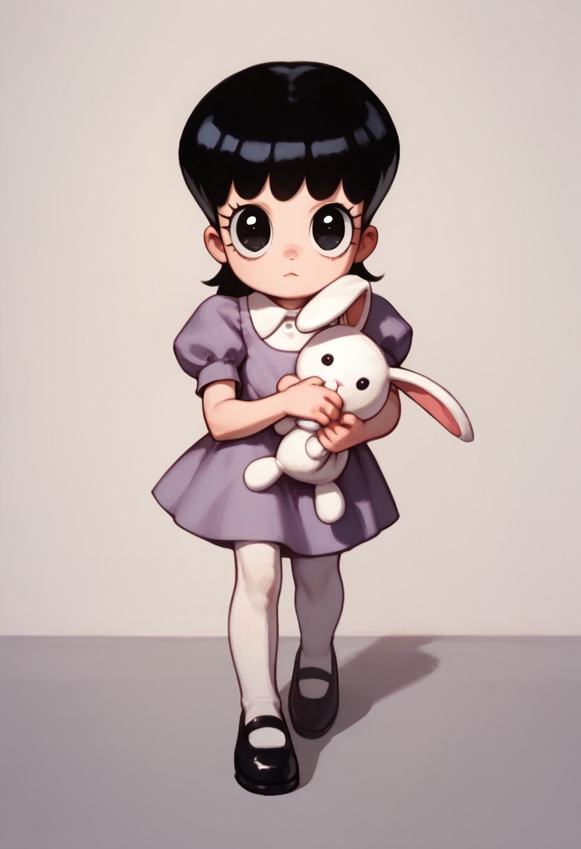 score_9, score_8_up, score_7_up BREAK AyeEyes, 1girl, black hair, black eyes, white buttoned collar, puff sleeve purple dress, white stockings, black mary jane shoes, holding white bunny plush, staring at viewer,