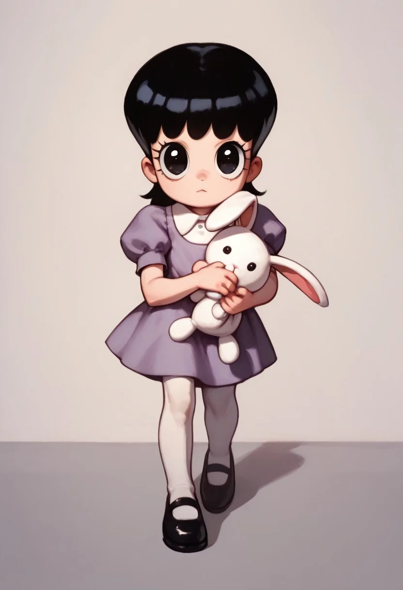 score_9, score_8_up, score_7_up BREAK AyeEyes, 1girl, black hair, black eyes, white buttoned collar, puff sleeve purple dress, white stockings, black mary jane shoes, holding white bunny plush, staring at viewer,