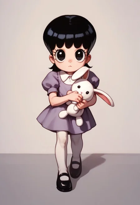 score_9, score_8_up, score_7_up BREAK AyeEyes, 1girl, black hair, black eyes, white buttoned collar, puff sleeve purple dress, white stockings, black mary jane shoes, holding white bunny plush, staring at viewer,