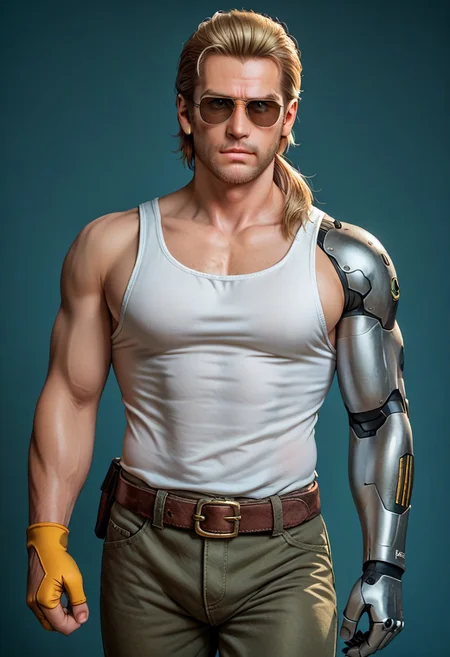 score_9, score_8_up, score_7_up, score_6_up, perfect anatomy, perfect proportions, best quality, masterpiece, high_resolution, high quality, best aesthetic, incredibly absurdres, highres, extremely detailed, huge filesize, mature, masculine, manly, virile, handsome, charming, alluring, bara, male focus, (solo male), cowboy shot, dutch angle, source_game \(Metal Gear Solid\), Kazuhira Miller, Master Miller, MGSKas, MGSKasM, blond hair, facial hair, stubble, old man, dilf, low ponytail, aviator sunglasses, Kaz_outfit03, white tank-top, tucked tank-top, brown-green pants, belt, (grey bionic arm, right bionic arm, single mechanical arm:1.4), serious, alaska background