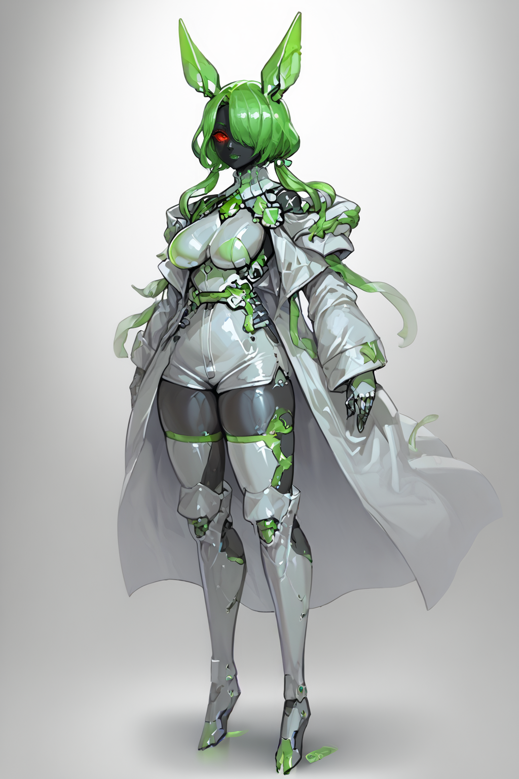 score_9, score_8_up, score_7_up, score_6_up, score_5_up, score_4_up, BREAK, source_anime, solo, 1girl, rating_safe, ((mature female)), ((long green flowing hair)), mechanical parts, (big backwards folded mechanical rabbit ears), mature female, (bunny ears), (animal ears), subdermal port, ((milf, mature female, big breasts)), hexagon lines in skin, naval uniform overcoat, naval uniform, white military uniform, dress_uniform, ribbons, ((red eyes)), bunny tail, rabbit tail, aiguillette, ((green hair)), ascot, ((Dutch Angle view Extreme Close shot (focus on waist))), latex pilot suit, shoulder cutout, bunny rabbit Tail, ((hair over one eye, )), digitigrade, clawed feet, minimal clothes, ((metal skin, shiny skin, vampire aesthetic, digital eyes, filled eyes, monochromatic eyes, glowing eyes, colored sclera, red sclera, mechanical eyes, partially shaded face, )), <lora:ECHANIS:1>,  <lora:Pochincoff_Style_Lora:0.8> pochincoff, robot girl, visor, big eyes, 4 eyes, <lora:chokerV2:1> alien parasite ckr sucked on neck, ckr