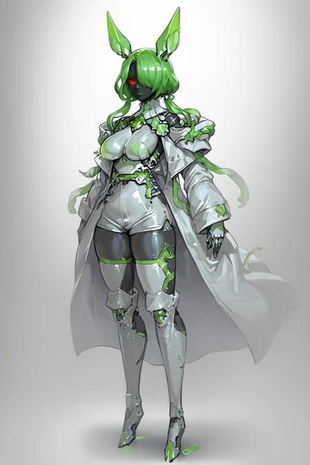 score_9, score_8_up, score_7_up, score_6_up, score_5_up, score_4_up, BREAK, source_anime, solo, 1girl, rating_safe, ((mature female)), ((long green flowing hair)), mechanical parts, (big backwards folded mechanical rabbit ears), mature female, (bunny ears), (animal ears), subdermal port, ((milf, mature female, big breasts)), hexagon lines in skin, naval uniform overcoat, naval uniform, white military uniform, dress_uniform, ribbons, ((red eyes)), bunny tail, rabbit tail, aiguillette, ((green hair)), ascot, ((Dutch Angle view Extreme Close shot (focus on waist))), latex pilot suit, shoulder cutout, bunny rabbit Tail, ((hair over one eye, )), digitigrade, clawed feet, minimal clothes, ((metal skin, shiny skin, vampire aesthetic, digital eyes, filled eyes, monochromatic eyes, glowing eyes, colored sclera, red sclera, mechanical eyes, partially shaded face, )), <lora:ECHANIS:1>, <lora:Pochincoff_Style_Lora:0.8> pochincoff, robot girl, visor, big eyes, 4 eyes, <lora:chokerV2:1> alien parasite ckr sucked on neck, ckr