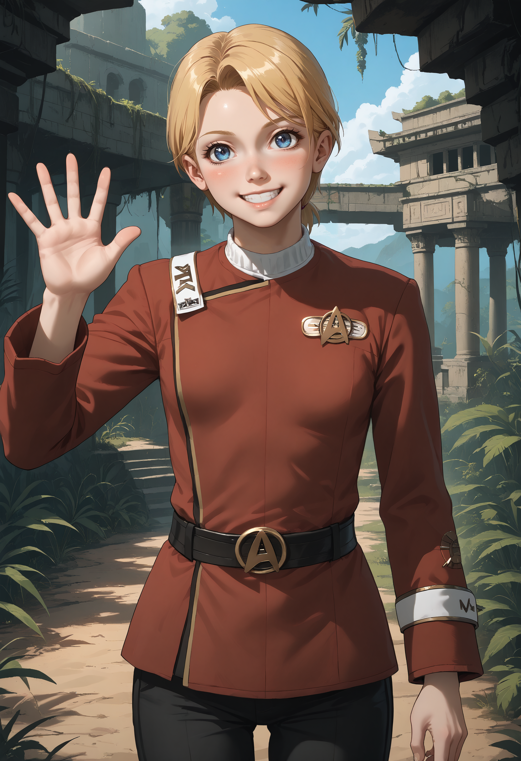 score_9, score_8_up, score_7_up, source_anime, head tilt, happy, smile, full body shot, (standing), looking at viewer, arm up, waving, 
BREAK
<lora:KaraDBH:0.85> 1girl, short hair, messy hair, blonde hair, blue eyes, lips, small breasts, (slim hips:1.1), (skinny:1.2), slender, athletic, 
BREAK
<lora:TWOKpony:1> twokunf, star trek red uniform, long sleeves, black belt, black pants, boots,
BREAK
<lora:StS_PonyXL_Detail_Slider_v1.4_iteration_3 (1):3>, scenery, outdoors, ancient temple background, jungle, moss, ruins,
BREAK
volumetric lighting, depth of field, cinematic, vibrant, shadows, detailed, high contrast,âââ <lora:vivid_everclear:0.3>,âââ