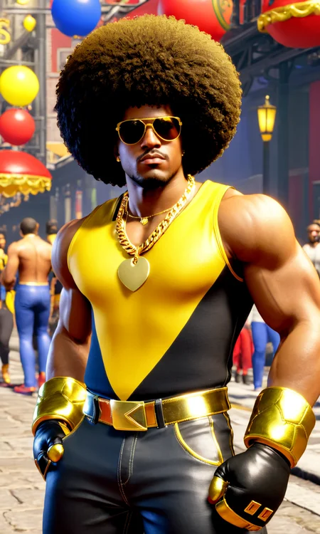 a black man with a big afro, best quality, looking at viewer, <lora:sf6sdxl:1>, sf6sdxl, game cg, street fighter, vibrant colors, sunglasses, yellow bodysuit, disco, gold chain, fight gloves,