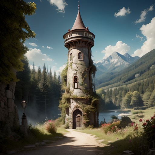 realistic analog photo, award winning photo, vary wide shot of (authoritarian) Cement witow (Military watchtower), fortified, building, scenery, dirt path, (hill top), nature, outdoors, RAW, highres, 8k, uhd, High Dynamic Range, tonemapping, crisp details,