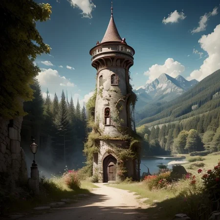 realistic analog photo, award winning photo, vary wide shot of (authoritarian) Cement witow (Military watchtower), fortified, building, scenery, dirt path, (hill top), nature, outdoors, RAW, highres, 8k, uhd, High Dynamic Range, tonemapping, crisp details,