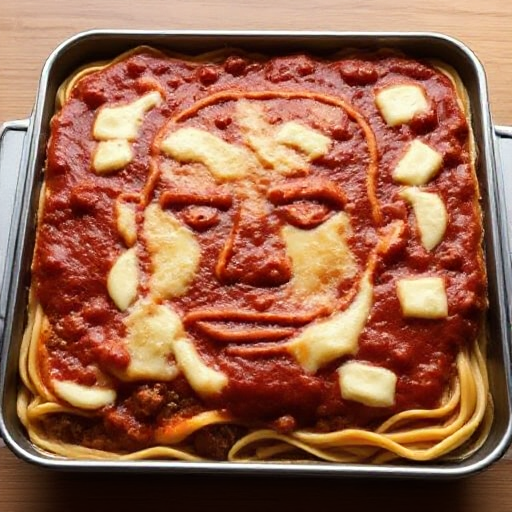 A lasagna tray with a top layer featuring a unique design resembling bolognese sauce and cheese, forming a vague yet recognizable image of Chibaka. The rich, meaty bolognese sauce is spread evenly across the surface, with melted cheese artfully drizzled over it, creating a soft, abstract representation of Chibaka's face. The sauce’s deep red tones and the creamy cheese combine to hint at his features in a stylized, subtle way, making the design appear as if it's emerging from the layers of lasagna. The rest of the lasagna is filled with layers of pasta, cheese, and savory bolognese, creating a delicious and visually intriguing dish.
Ensure the depiction is natural and pays close attention to accurate textures and lighting throughout the scene), intricate hand-painted details, ultra-realistic textures, award-winning craftsmanship || studio rim lighting, vivid yet tense colors, UHD resolution, rich details, award winning, impactant image, dramatic pose