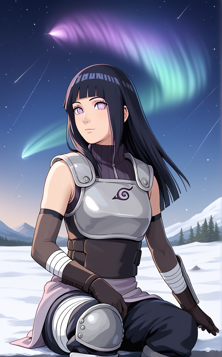 score_9, score_8_up, score_7_up, absurdres, sitting, aurora, shooting star, star \sky\, winter, snow, night, scenery, outdoors, depth of field, solo, looking at viewer, <lora:PONYXL_NARUTOShipp_HyugaHinata_ownwaifu:1>, BREAK AnbuArmor_HyugaHinata_ownwaifu, 1girl, bare shoulders, black hair, blunt bangs, long hair, no pupils, purple eyes, sleeveless, straight hair, weapon on back, arm guards, armor, bandages, breastplate, elbow gloves, turtleneck, bandaged arm, black gloves, black pants, detached sleeves, elbow pads, mask removed, ninja, tattoo, unworn mask,<lora:add-detail-xl:0.15>,