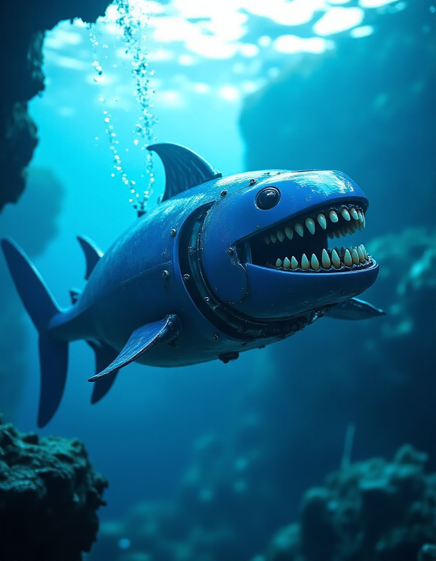 In the shimmering blue depths of an undersea canyon, a cobalt mecha swims gracefully, trailing streams of bubbles. Its sleek, fishlike design glimmers in the dappled sunlight filtering through the water above. As it turns to face an approaching enemy, its mouth panel splits, exposing ral-rbotth. The teeth are unnervingly vivid, wet with seawater, their organic realism clashing with the robotâs aquatic, high-tech design.
 <lora:ral-rbotth-flux_000003000:1>
