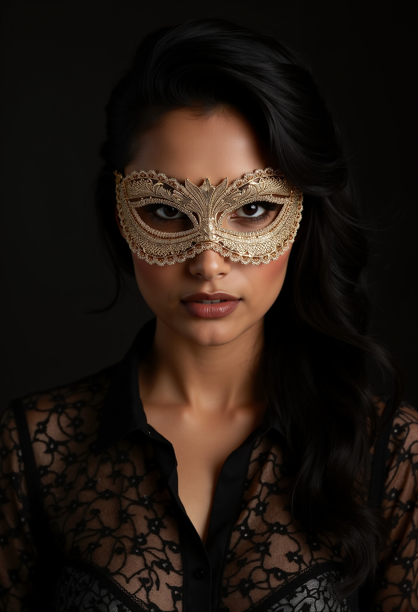 indian woman with long hairstyle and classic makeup, high contrast lighting, clo012, wearing a gold lace eye mask with delicate, symmetrical patterns, and a lace shirt