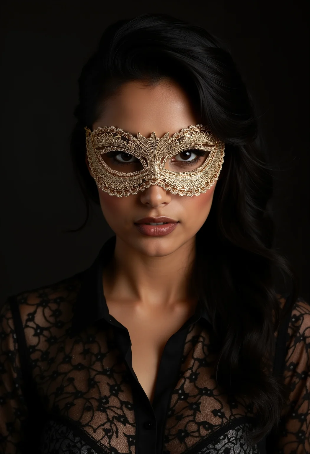 indian woman with long hairstyle and classic makeup, high contrast lighting, clo012, wearing a gold lace eye mask with delicate, symmetrical patterns, and a lace shirt