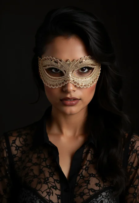 indian woman with long hairstyle and classic makeup, high contrast lighting, clo012, wearing a gold lace eye mask with delicate, symmetrical patterns, and a lace shirt
