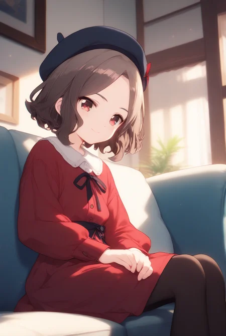 (score_9,score_8_up,score_7_up, ),
GBC_TOMO,1girl,black pantyhose,sitting,short hair,red dress,brown hair,beret,couch,neck ribbon,indoors,long sleeves,red eyes,smile,closed mouth,wavy hair,collared shirt,<lora:GBC_TOMO_v2_pony-000030:1>,