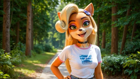 score_4,score_5,score_6,score_7_up,score_8_up,score_9 BREAK source_furry,1girl,solo,jewelry,earrings,long hair,breasts,choker,medium breasts,:d,outdoors,smile,open mouth,forest,high quality,bokeh,coco bandicoot,t-shirt,pants,