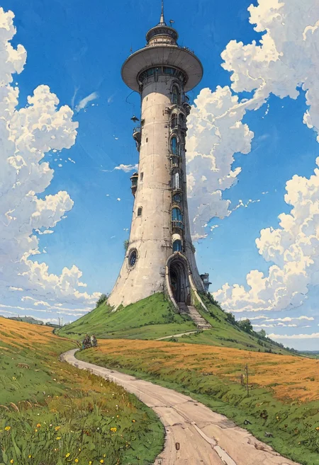 (best quality, ultra detailed), outdoor, country, road, an tower reaching the sky, grass, scenery, day, blue sky, clouds, Moebius art style,