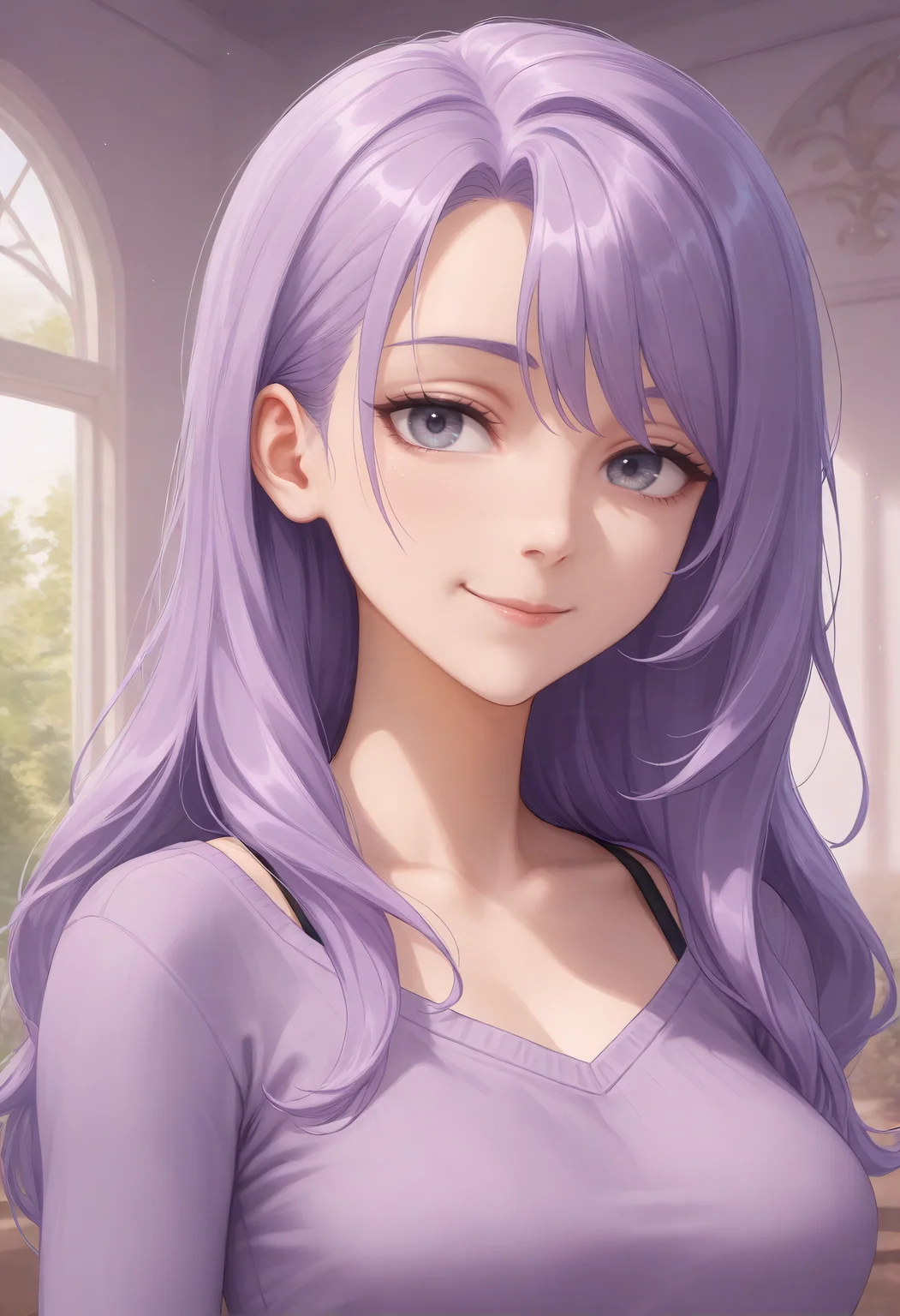 , grey eyes, long hair, Pastel Purple hair, medium breasts, mole under mouth, (aged up:1.2), portrait, smiling, closed mouth, detailed background,,