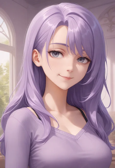 , grey eyes, long hair, Pastel Purple hair, medium breasts, mole under mouth, (aged up:1.2), portrait, smiling, closed mouth, detailed background,,