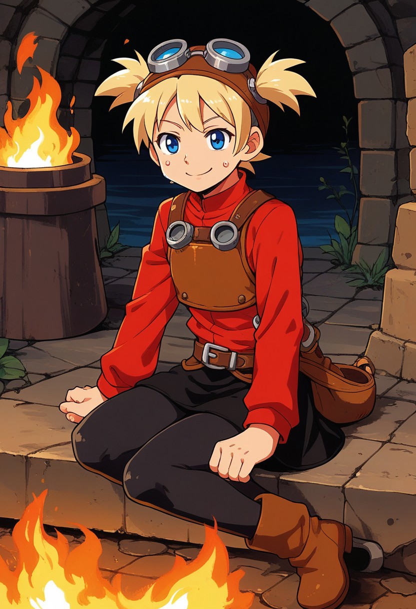 score_9, score_7_up, source_anime, BREAK solo, <lora:Pratty_XL:1> Pratty, blue eyes, short hair, light blonde, short twintails, hair through headwear, goggles, brown headwear, red shirt, short over long sleeves, black long sleeves, red skirt, black pantyhose, leather breastplate, brown footwear, smile, sweat, smith, furnace, smithing, crafting, fire, river, mill