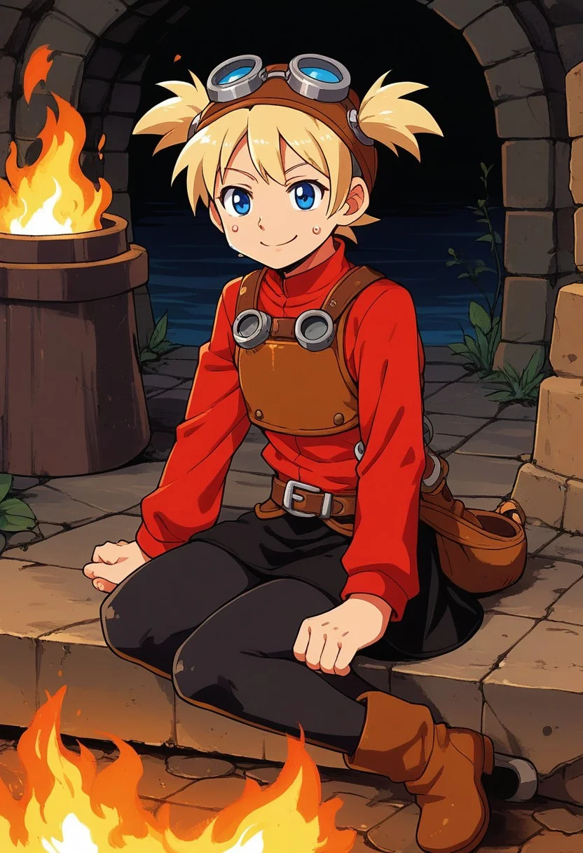 score_9, score_7_up, source_anime, BREAK solo, <lora:Pratty_XL:1> Pratty, blue eyes, short hair, light blonde, short twintails, hair through headwear, goggles, brown headwear, red shirt, short over long sleeves, black long sleeves, red skirt, black pantyhose, leather breastplate, brown footwear, smile, sweat, smith, furnace, smithing, crafting, fire, river, mill