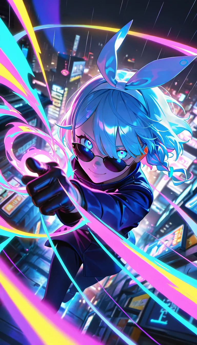 masterpiece, best quality, amazing quality, very aesthetic, absurdres, newest, scenery, 1girl, smile, night, arona \(blue archive\), gojou satoru \(cosplay\), sunglasses, blue hair, black gloves, jacket, pointing at viewer, dutch angle, from above, casting spell, purple magic, glowing eyes, close-up, , photorealistic, close-up, poster \(medium\), dutch angle, from above, (wide shot), cyberpunk, neon, dark background, rain, close-up, photorealistic, (dutch angle), (colorful), , masterpiece, best quality, amazing quality, very aesthetic, absurdres, newest, scenery, volumetric lighting