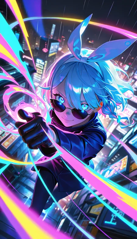 masterpiece, best quality, amazing quality, very aesthetic, absurdres, newest, scenery, 1girl, smile, night, arona \(blue archive\), gojou satoru \(cosplay\), sunglasses, blue hair, black gloves, jacket, pointing at viewer, dutch angle, from above, casting spell, purple magic, glowing eyes, close-up, , photorealistic, close-up, poster \(medium\), dutch angle, from above, (wide shot), cyberpunk, neon, dark background, rain, close-up, photorealistic, (dutch angle), (colorful), , masterpiece, best quality, amazing quality, very aesthetic, absurdres, newest, scenery, volumetric lighting