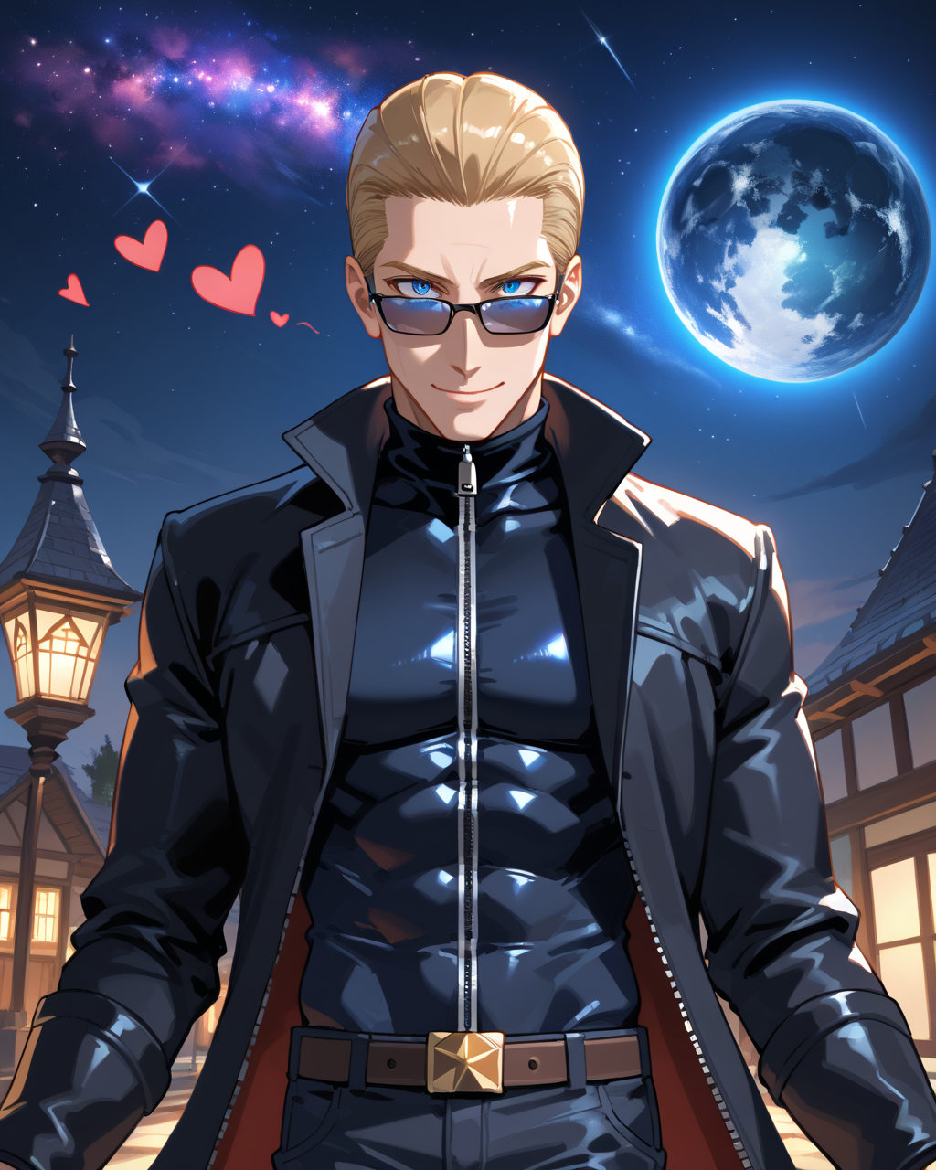 PonyScores7, source_anime, ah1, best quality, (masterpiece:1.4), (high quality:1.4), sharp focus, 4k, absurd resolution, <lora:albertwesker-guy-PONYv1:0.8> albertwesker, albert wesker, 1boy,  blonde, black gloves, (sunglasses:1.3), belt, black coat, black pants, looking at viewer, toned, athletic, fit, slicked back hair, black turtleneck, zipper, mature male, black boots, (stellar navigator, with a star compass guiding a lost ship back to safety through a cosmic storm demonstrating calmness and expertise), (A vibrant city park where people play and families enjoy picnics under the shade of old trees), bad-hands-5, (Smiling face with hearts), <lora:xl_more_art-full_v1:0.2>, <lora:shinyskin2:0.2> glistening skin, <lora:aesthetic_anime_v1s:0.2>, <lora:Expressive_H:0.2> Expressiveh, <lora:hairdetailpxl:0.2> hairdetailpxl, <lora:detailxl:0.2> detailxl, (Medium close-up), (focused, intense glare), slit pupils, short hair, (blue eyes), best quality, amazing quality, best aesthetic, absurdres, <lora:expressive eyes:0.2> expressive eyes, <lora:eyedetailpxl:0.2> eyedetailpxl, illustration, Volumetric_Lighting, ultra-detailed, very aesthetic, intricate details, 8k, masterpiece, best_quality, (angular face, sharp_featured face), <lora:Eyes_High_Definition:0.4> EyesHD,