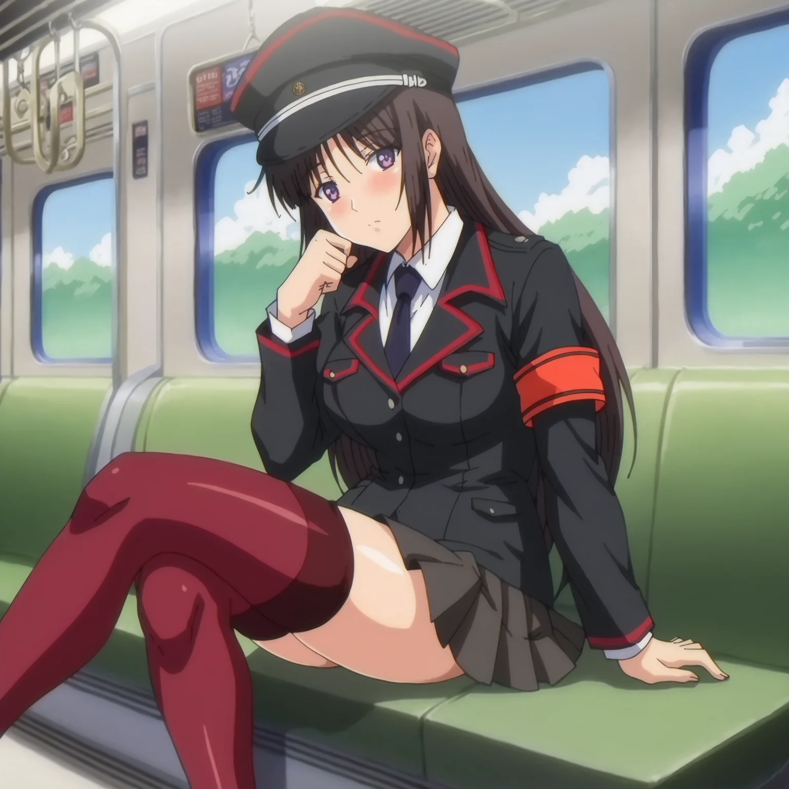 score_9, score_8_up, score_7_up, score_6_up, score_5_up, score_4_up, anime coloring
BREAK
rin_olis, 1girl, solo, black hair, long hair, purple eyes, peaked cap, black coat, armband, pleated skirt, red thighhighs, looking at viewer, blush, sitting
BREAK
train interior, window, scenery, day, blue sky
<lora:rin_SaishuuChikanDensha_sdxl_v1b:1>