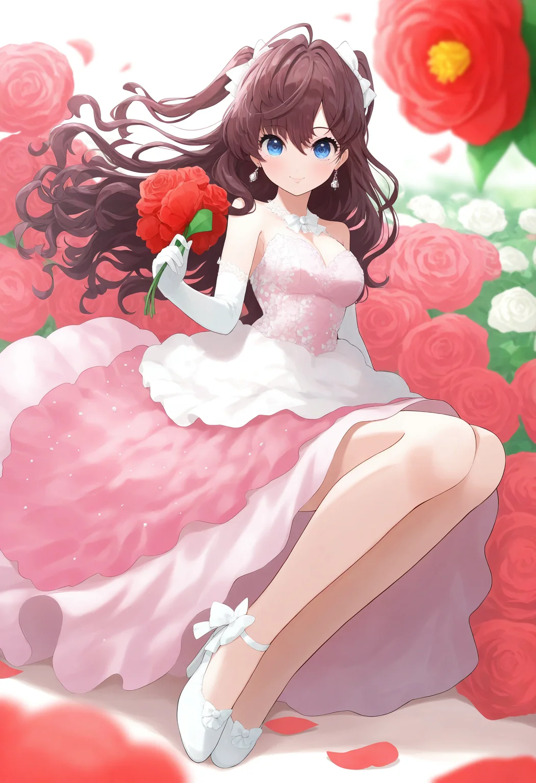 1girl, solo, dress, long hair, elbow gloves, gloves, flower, blue eyes, ichinose shiki, looking at viewer, holding, holding flower, white dress, brown hair, full body, white gloves, sitting, pink dress, closed mouth, hair bow, earrings, jewelry, bow, red flower, breasts, smile, bare shoulders, floating hair, white bow, medium breasts,
masterpiece,best quality,newest,absurdres,highres,very awa,<lora:negi1_noob1.1-000186:0.8>,