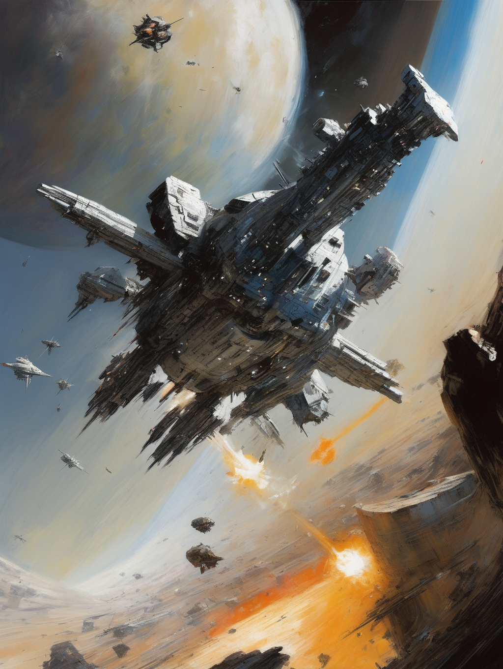 <lora:John Berkey Style:1>John Berkey Style - a damaged silver dreadnaught spaceship firing weapons in a massive space battle, in front of a crumbling planet in the style of john berkey in three-quarters perspective