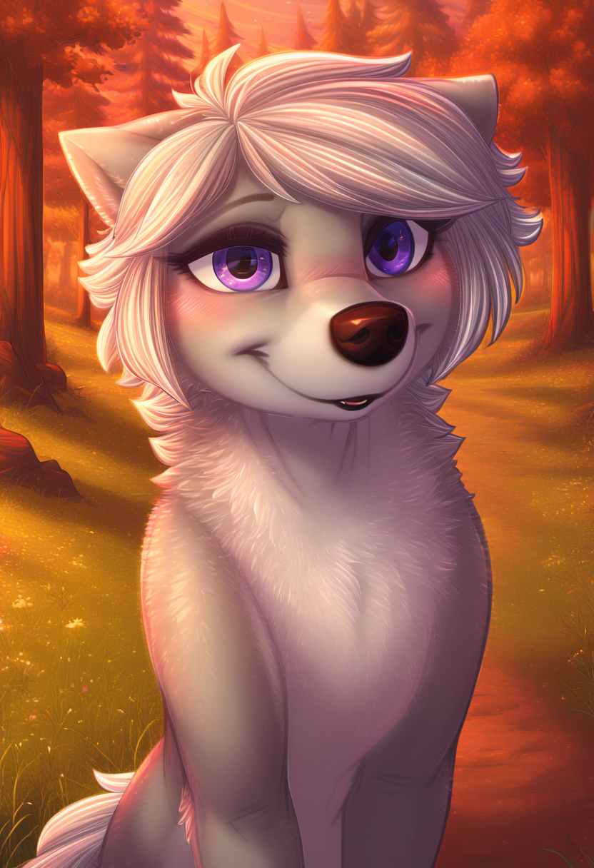 zPDXL, score_9_up, score_8_up,_7_up, score_6_up, score_5_up, score_4_up ,source_furry, best quality, amazing quality, masterpiece, 1girl, looking at viewer, solo, fullbody, cute, blush, cute smile, cute pose, out doors, forest, trees, field, flowers, lilly, wolf girl, silver-gray fur, purple eyes, hair over one eye, wolf tail, wolf ears, <lora:Lilly:0.8>, Expressiveh, good_hands, dimwitdog, <lora:dimwitdog:1>, <lora:Expressive_H:0.8>, <lora:Detail_Slider_v1.4_iteration_3:4>, <lora:pony_good_hands:0.8>
