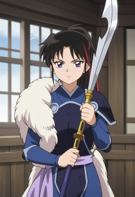 source_anime,anime screencap, anime coloring,intricate details,rating_safe, masterpiece, best quality,
(best quality, absurd res, ultra detailed),,(4 finger:0.5),1girl, ((solo)), good eyes,perfect eyes,,detailed eyes, zPDXLxxx , zPDXL3, OverallDetail,detailed, detailed face
BREAK
solo,indoors,standing,front view,
setsuna, 1girl, black hair, multicolored hair, ponytail, purple eyes, armor, holding spear,
serious
, <lora:add-detail-xl:2> <lora:Setsuna_Inuyasha-Yashahime:0.8>