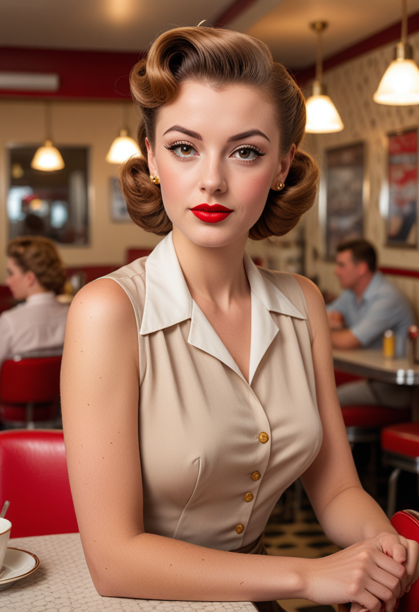 (medium full shot) of (stunning 1940s pin-up girl) young woman, brazilian, tan skin, hazel eyes, petite build, short ginger updo hair, wearing a classic beige sleeveless blouse, high-waisted trousers, peep-toe heels, red lipstick, cat-eye sunglasses, set in the year 1940s, in   a stylish diner, with elegant decor, plush seating, vintage lighting, chic ambiance, at night,  Masterpiece,best quality, photo, realistic, very aesthetic, detailed face,