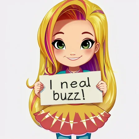 score_9, solo, su_sd, 1girl, long hair, blonde hair, multicolored hair, streaked hair, green eyes, shirt, skirt, pantyhose, smile, looking at viewer, simple background, white background, holding sign in front, (need_buzz, holding sign, front of body), ((('BUZZ PLEASE))) perfect english,